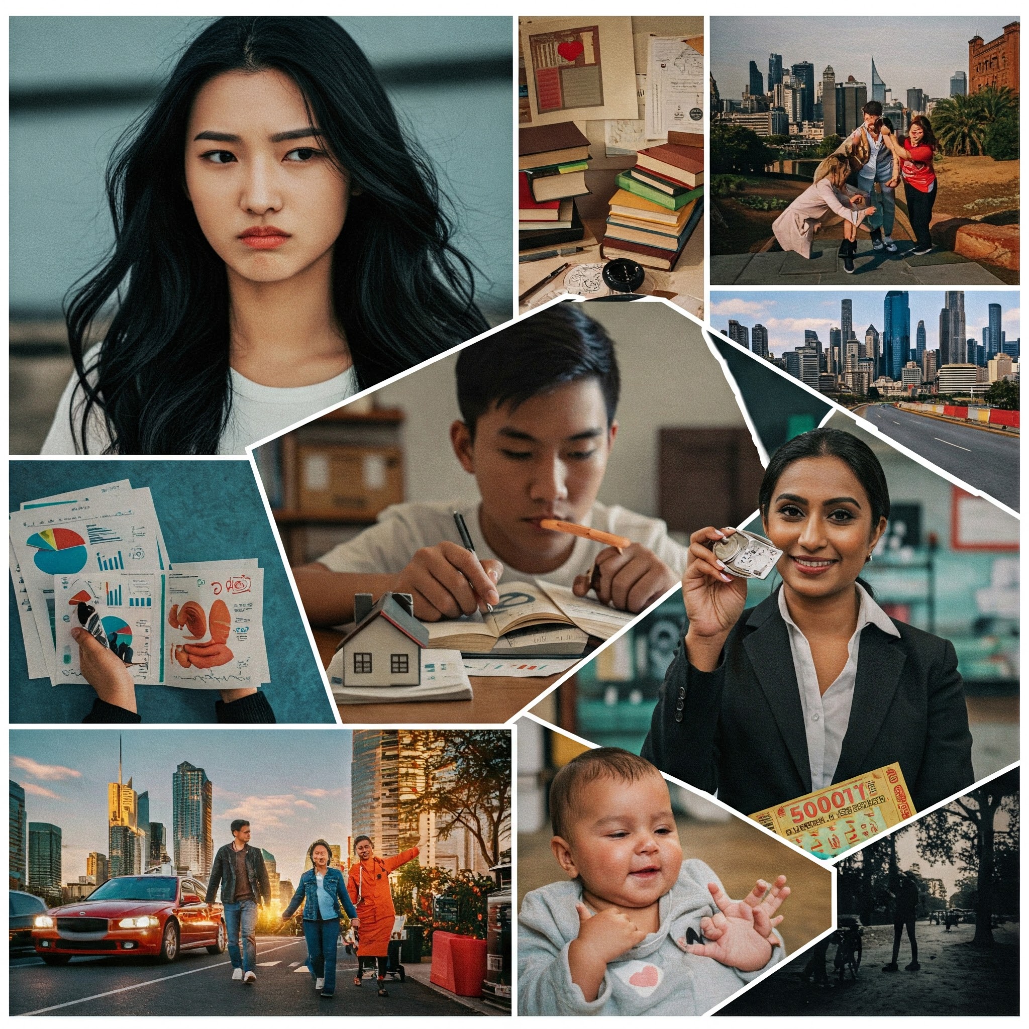 Background representing life decisions: success, relationships, work, studies, travel, and baby planning